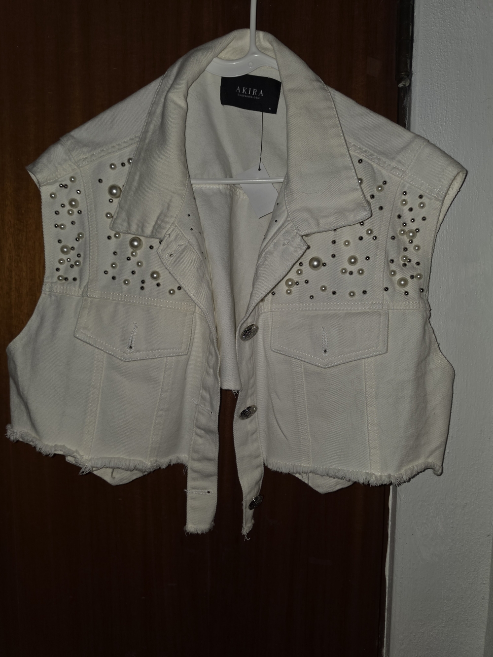 AKIRA Cream Studded Cropped Denim Vest